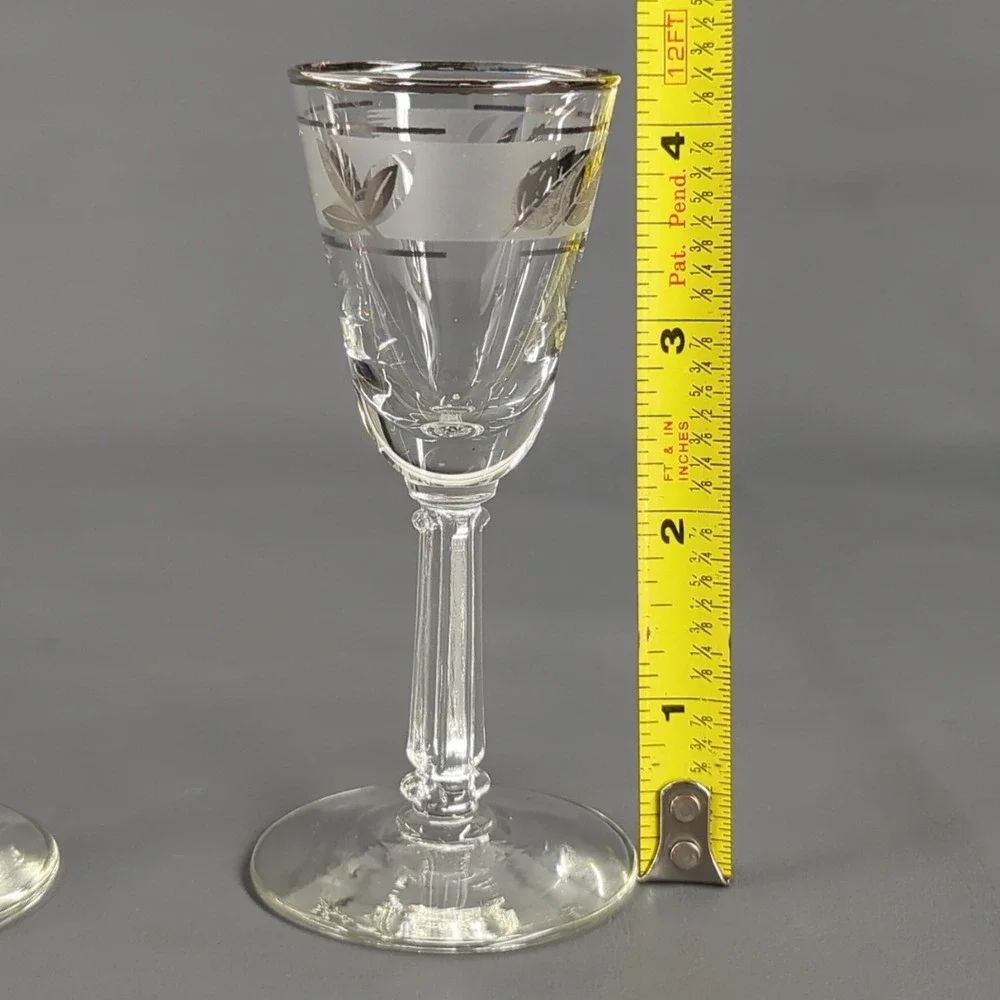 Vintage Silver Leaf Frosted Cordial Glasses Set of 5 Stemmed Liqueur Glassware
